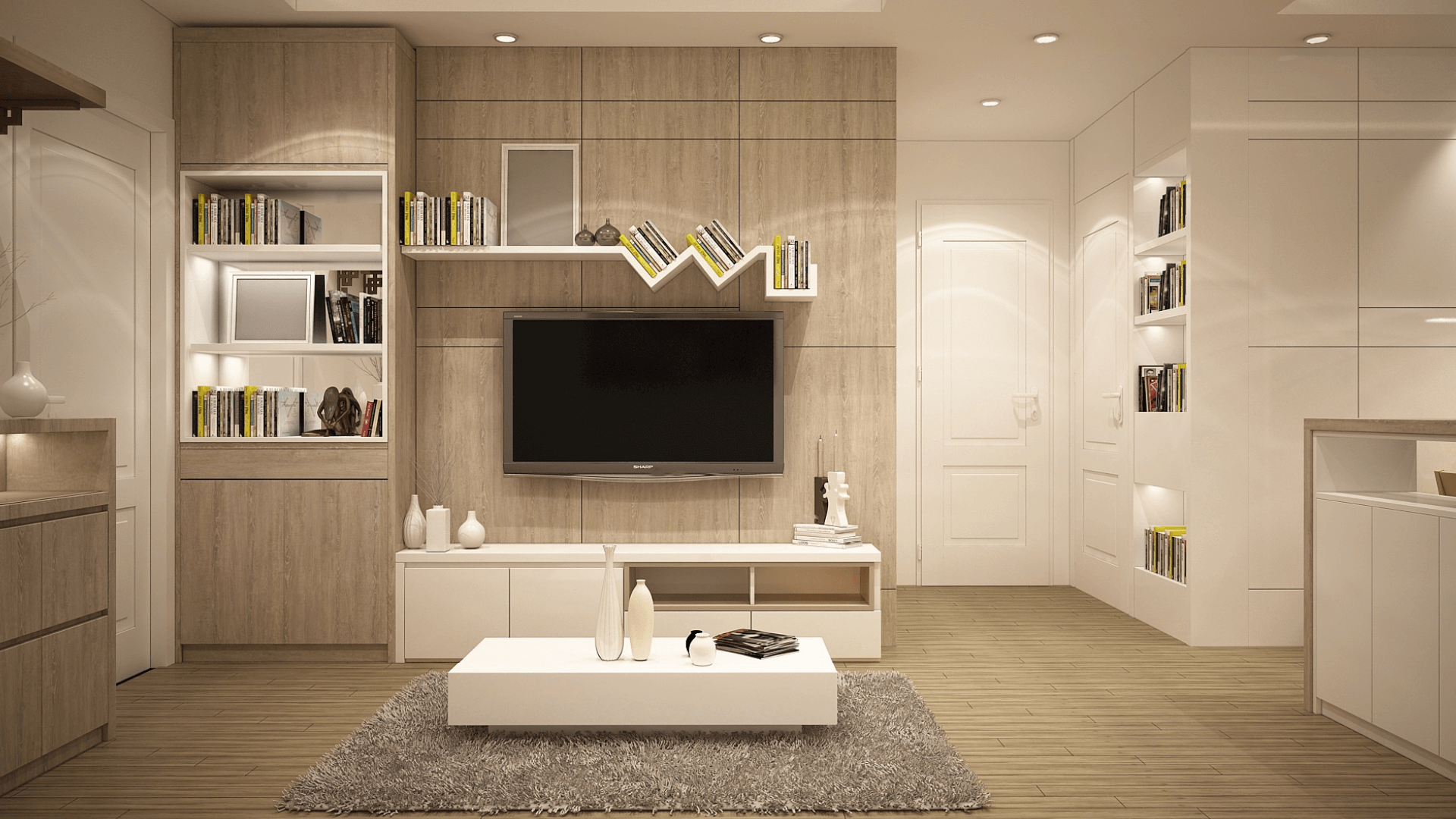 Ein zeitgemäßes Wohnzimmer mit einer Vielzahl von Smart Home-Technologien, die die Verbindung von Technologie und Immobilienmarkt repräsentieren.