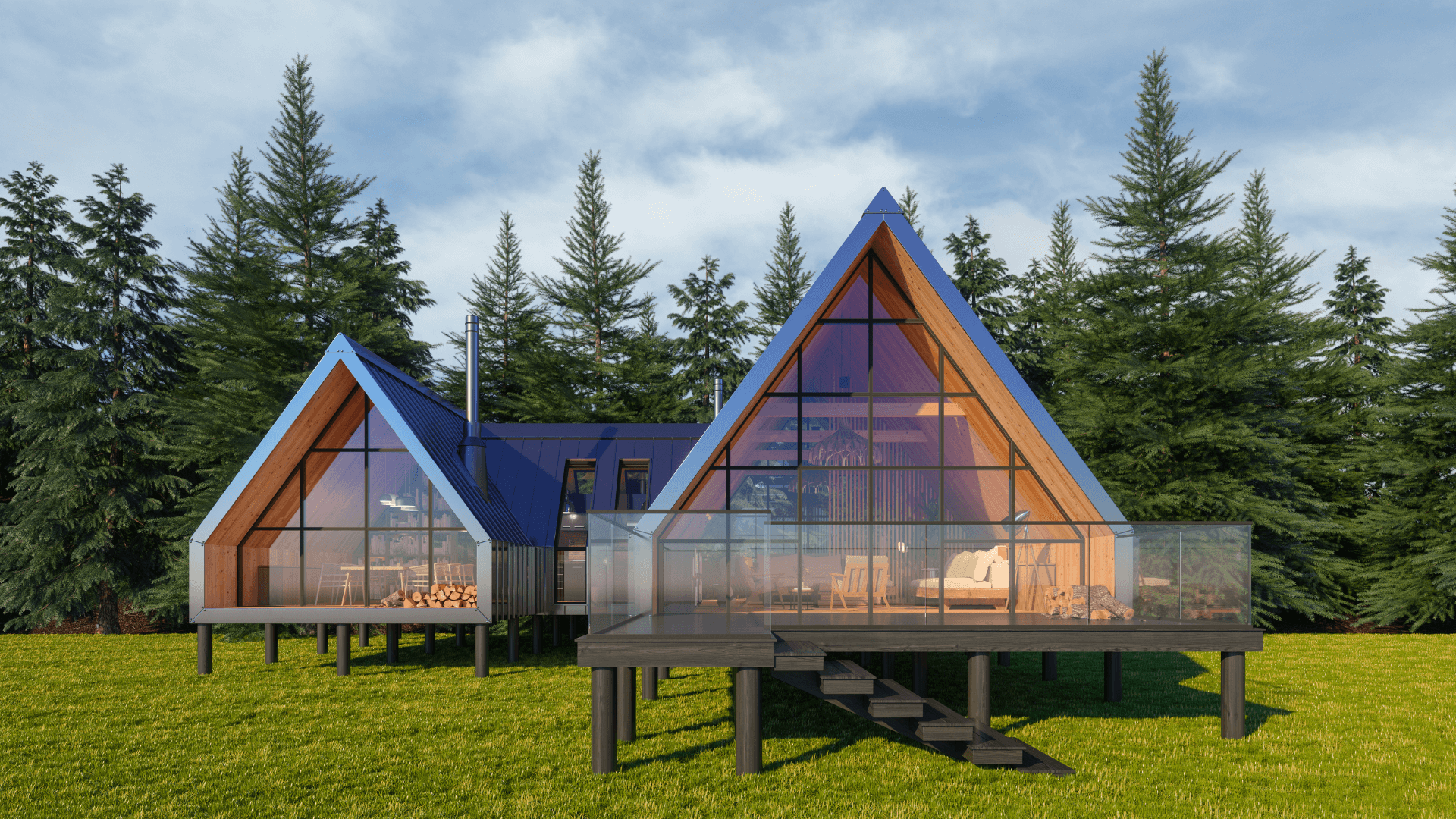 Ein Tiny House, umgeben von Bäumen und grüner Landschaft, repräsentiert die minimalistische und platzsparende Lebensweise im modernen Architekturkonzept.