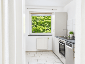 Helle Küche mit Grünblick